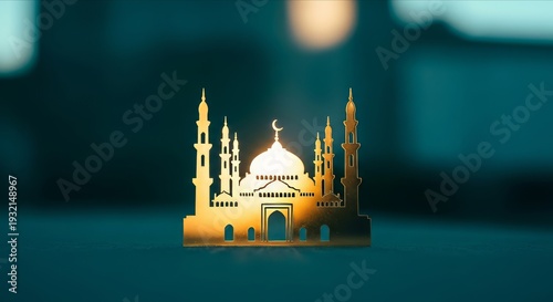 Elegant Golden Mosque Model with Minarets and Crescent Moon Décor