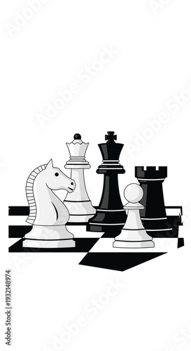 A white knight, white queen, black king, white pawn, and black rook are arranged on a black and white chessboard.