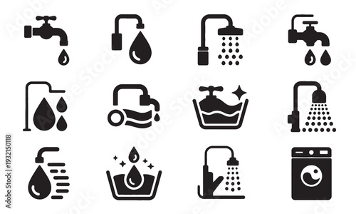 Set of black icons of bathroom and laundry water taps and shower heads