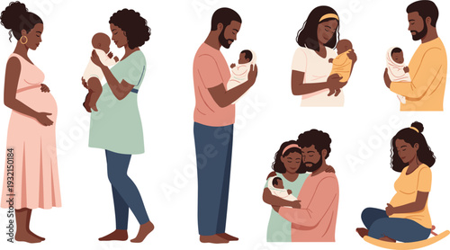 Black Family and Pregnancy Character Set with Expectant Mothers, Fathers Holding Newborn Babies, and Parents Bonding for Maternity, Parenthood, and Childcare Design Projects