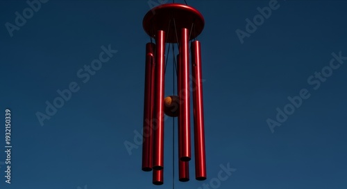 Bright Red Wind Chime Hanging Against Deep Blue Sky in Daylight