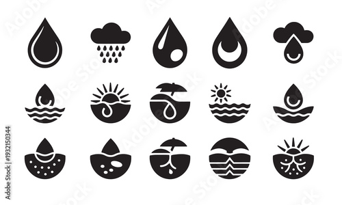 Set of black weather forecast icons on white background