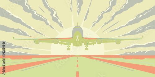 Stylized retro illustration of an airplane taking off from a runway into a bright morning sunrise