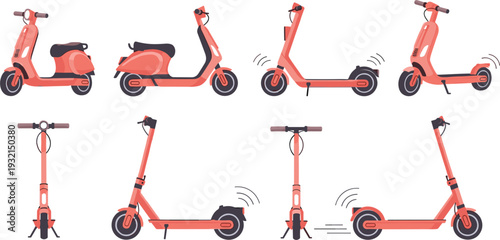 Collection of Modern Electric Kick Scooters and Retro Style Motorized Mopeds for Urban Transportation Micro-mobility Services Smart City Commuting and Delivery Apps