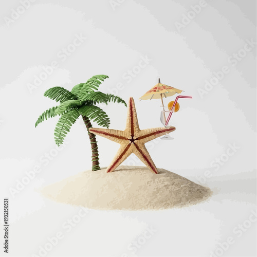 Starfish and palm tree on island with cocktail, symbolizing tropical island vacation