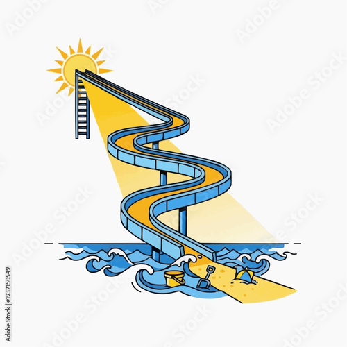 Summer waterslide fun with sun, sand, and ocean waves for vacation.