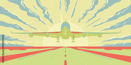 Vintage Retro Style Illustration of an Airplane Taking Off Into a Graphic Stylized Orange Sunset