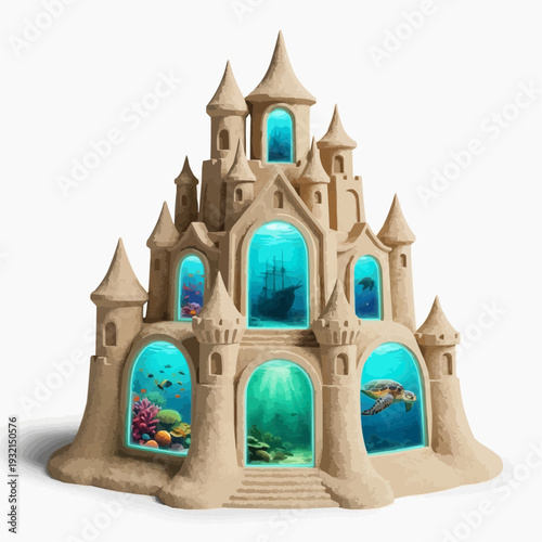 Intricate sandcastle with underwater scenes visible through its windows.