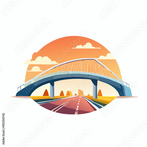 Vibrant illustration of a modern cable-stayed bridge spanning over an open road at sunset, symbolizing travel and connection