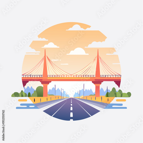 Colorful Flat Design Illustration of a Modern Cable Bridge and Highway Under a Scenic Sunset Sky