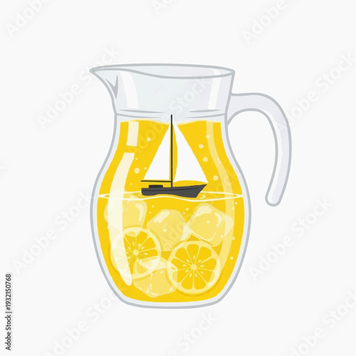 Pitcher of lemonade with ice, lemon slices, and a sailboat