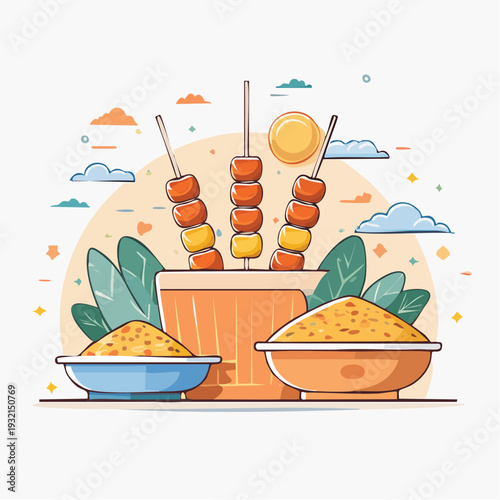 A delightful flat design illustration presenting a flavorful spread of skewered meats and seasoned side dishes