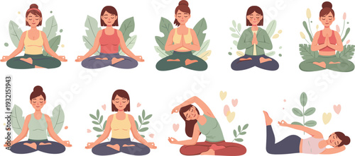 Yoga and Meditation Character Collection with Women in Various Relaxing Poses, Lotus Position, and Mindfulness Exercises Surrounded by Natural Leaves and Hearts for Wellness