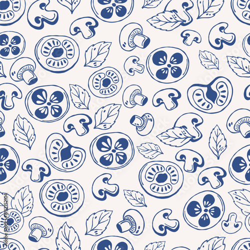 Hand drawn pizza ingredients seamless pattern in modern monochrome line art style. Minimal blue outline illustration with tomato slices, mushrooms and basil leaves arranged in repeating composition