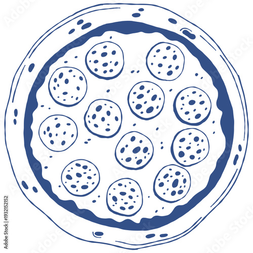 Hand drawn pepperoni pizza in modern monochrome line art style. Clean graphic food drawing isolated on light background, ideal for menu design, restaurant branding, packaging, posters and social media