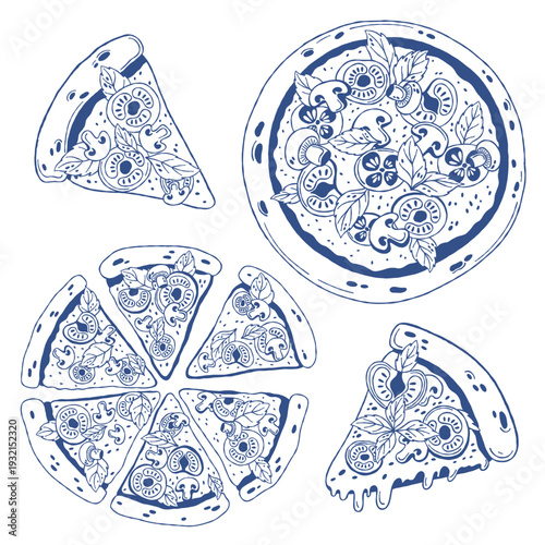 Hand drawn pizza illustration set featuring pizza slice, whole pizza and slice composition with tomato, mushroom and basil toppings. Minimal blue outline collection