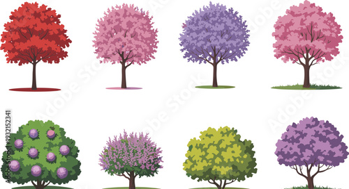 Colorful ornamental trees and flowering shrubs vector illustration, decorative garden landscape elements isolated design set