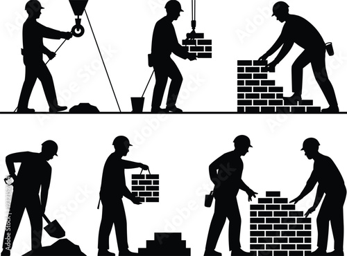  Construction worker silhouettes set, builders laying bricks and working on site isolated on white background for industry concept