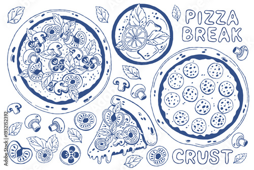 Hand drawn pizza set in modern monochrome line art style. Minimal blue outline illustration featuring whole pizza, pizza slice and ingredients with decorative typography elements