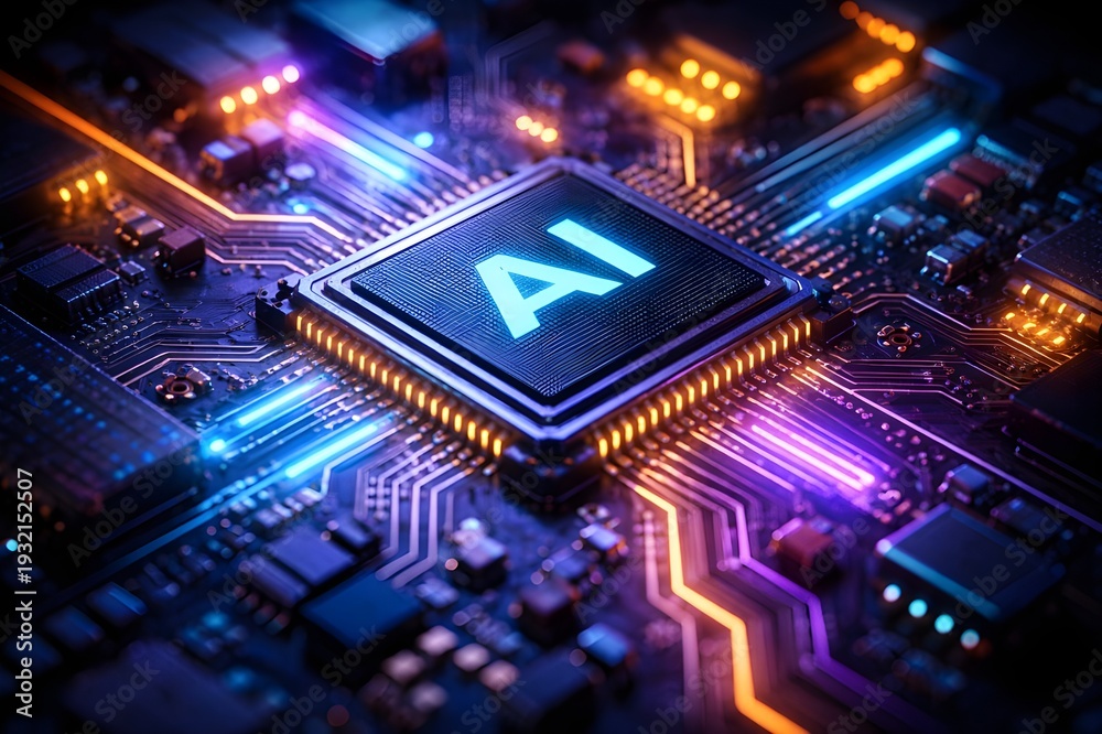 Obraz premium Artificial Intelligence Processor Unit on Glowing Circuit Board Background