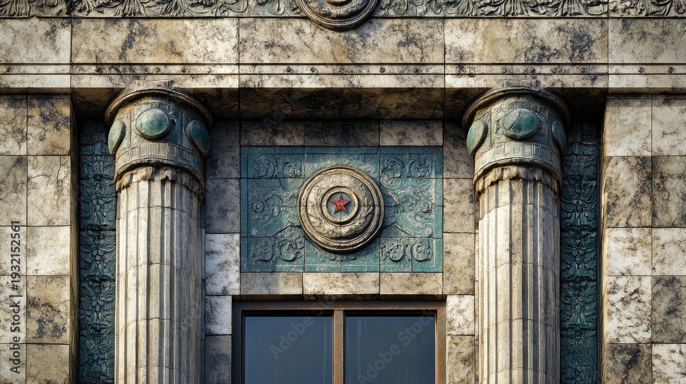 Obraz premium Soviet-Era Architectural Detail: Columns, Tiles, and a Star Emblem