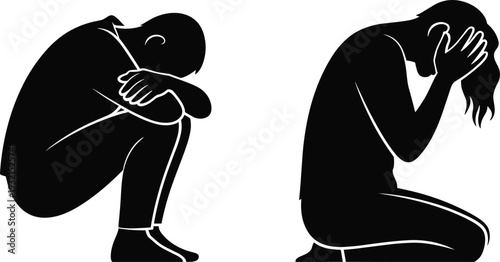 Depressed people silhouettes, mental health concept illustration, anxiety and sadness emotion vector, stress awareness symbolic design