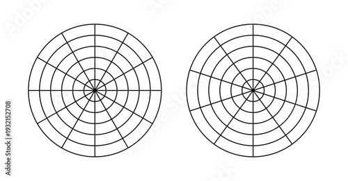 Polar grid of 12 segments and 5 concentric circles, 10 segments and 5 concentric circles. Black blank of graph paper with 12 segments and 5 concentric circles and 10 segments and 5 concentric circles.