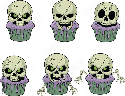 Halloween skull cupcake characters set, spooky cartoon dessert illustrations isolated on white background for party decoration design