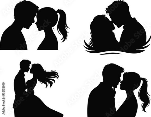 Romantic couple silhouettes collection, love and relationship concept vector set, kissing partners illustration, intimate wedding design elements
