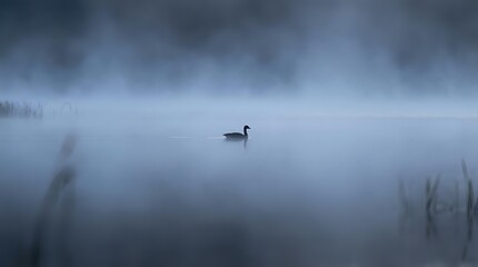 Solitary duck swimming in misty lake at dawn with dramatic cloudy sky and fog creating serene atmospheric mood for nature photography and wildlife concepts.