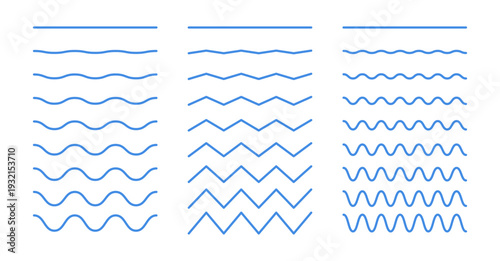 Blue vector wavy and zigzag horizontal underline. Waves blue line set. Set of wavy lines. Wave ornament pattern. Wave thin line background.