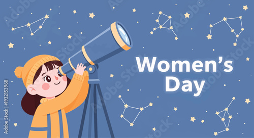 Womens Day Girl Observing Constellations with Telescope on 8 March