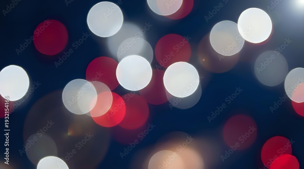 Fototapeta premium Festive bokeh lights background with red and white circular blur effects creating magical holiday atmosphere for celebrations and decorative designs.