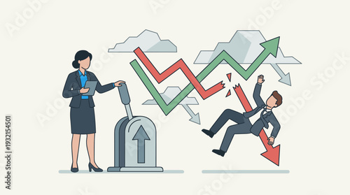 Businesswoman pulling lever to control stock market trends with volatile green and red arrows while businessman falls during financial uncertainty, economic crisis, and risk management concept.