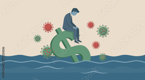 Businessman Sitting on Sinking US Dollar Sign in Ocean Surrounded by Coronavirus COVID-19 Particles, Representing Global Financial Crisis, Economic Recession, and Pandemic Impact on Global Economy