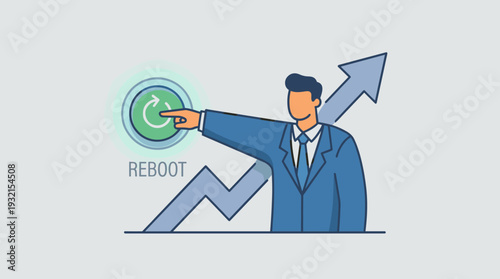 Professional businessman in a suit pressing a green reboot button to restart a business strategy or career path, featuring an upward growth arrow icon, flat vector illustration concept art.