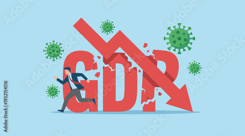 Coronavirus pandemic impact on global economy with businessman running from crashing GDP letters and red downward arrow, representing financial crisis, market recession and business failure.