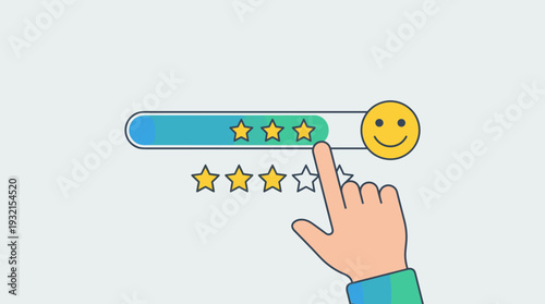 Customer satisfaction and feedback concept with a hand touching a progress loading bar for rating, featuring a smiley face icon and yellow stars for service evaluation and experience.