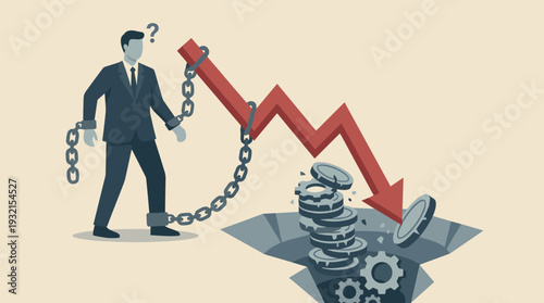 Economic Collapse Concept Vector Illustration of a Worried Businessman Chained to a Falling Red Arrow Graph Plunging into a Hole with Broken Gears and Coins Symbolizing Financial Crisis and Debt
