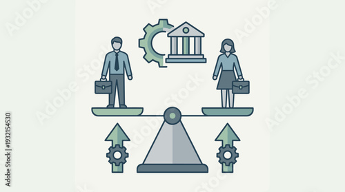 Gender equality and equal treatment concept with male and female professionals balanced on a scale, representing workplace fairness, social justice, and equal opportunities in business and society.