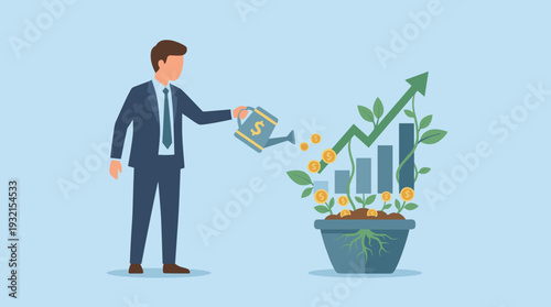 Businessman Watering a Growing Money Plant with Gold Coins and Upward Arrow Graph Representing Financial Investment Growth, Wealth Accumulation, Profit Increase, and Business Success Concept.