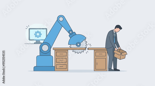 Artificial Intelligence and Automation Replacing Human Jobs Concept with Robotic Arm Cutting Office Desk and Sad Businessman Getting Fired or Laid Off Due to Technological Evolution and Innovation