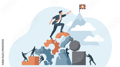 Businessman climbing over obstacles like gears and question marks towards a mountain peak with a flag, symbolizing leadership, perseverance, and overcoming challenges in a corporate career path.