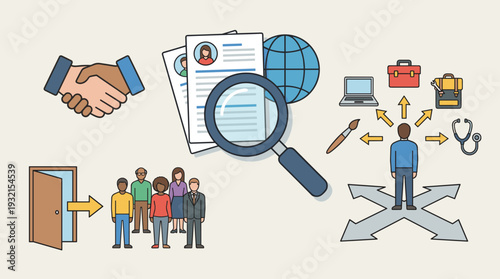 Recruitment and hiring concept illustration with job search icons, resume screening with magnifying glass, handshake, career path choice, and diverse candidates for human resources.