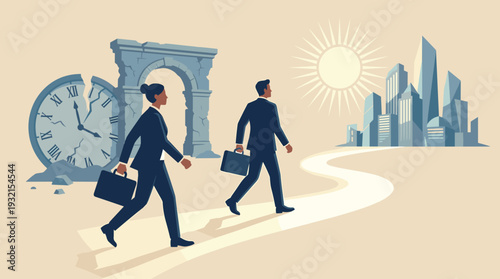 Business professionals walking away from a broken clock and ancient ruins towards a modern city skyline and bright sun, symbolizing progress, future goals, career growth, and moving forward.