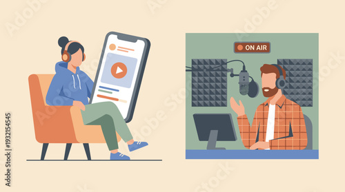 Podcasting and Online Radio Concept with Woman Listening to Audio Content on Large Smartphone and Male Host Recording in Professional Studio with Microphone, Headphones, and On-Air Sign.