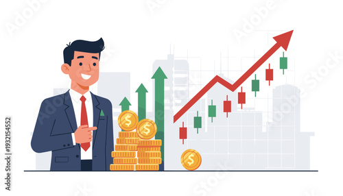 Successful Businessman Pointing at Rising Stock Market Chart with Candlestick Patterns and Red Upward Arrow, Stacks of Gold Coins Representing Financial Growth, Investment Profit, and Wealth.