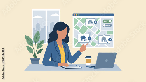 Woman Real Estate Agent or Investor Searching for Property Online on Digital Map Interface to Buy or Rent a House, Flat Vector Illustration of Home Search, Investment, and Housing Market Concept