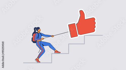 Woman Pulling a Large Red Thumbs Up Icon Up a Staircase, Flat Vector Illustration Representing the Struggle for Social Media Validation, Digital Marketing, and Online Popularity Concept