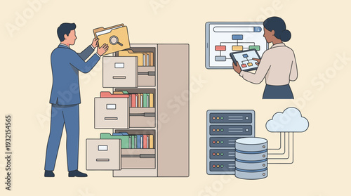 Businessman organizing files in a cabinet while a colleague uses a tablet for digital data management, featuring server racks, cloud storage, and database indexing for efficient information.